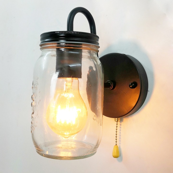 Aplica retro din fier cu abajur din sticla, stil american, 40W, pentru living, dormitor, bucatarie