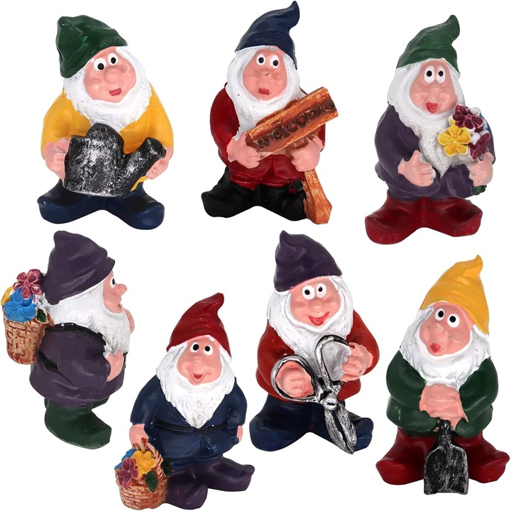 Set 7 figurine gnomi pentru gradina, decoratiuni miniaturale, 1.18x1.18x1.89cm, multicolor
