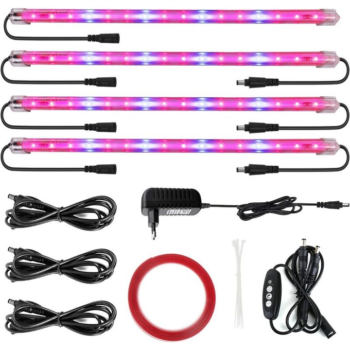 Lampa de cultivare LED, 4 bucati, 23.7W, rosu si albastru, 0.4M, pentru interior/hidroponie