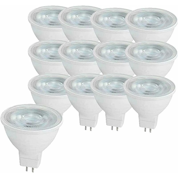 Set 12 becuri LED MR16 5W GU5.3, echivalent 50W, alb rece 6000K, 500 lumeni, non-dimabil, 12V