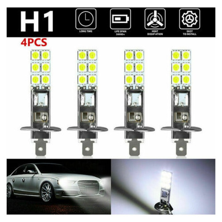 Set de 4 becuri LED H1 6000K, utilizabile in faruri si lumini de ceata, 12V-24V
