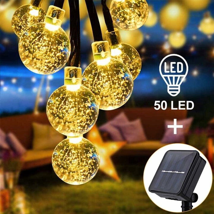 Соларна гирлянда с 50 LED, 7м, кристални глобуси, водоустойчива, 8 режима на осветление, топло бяло