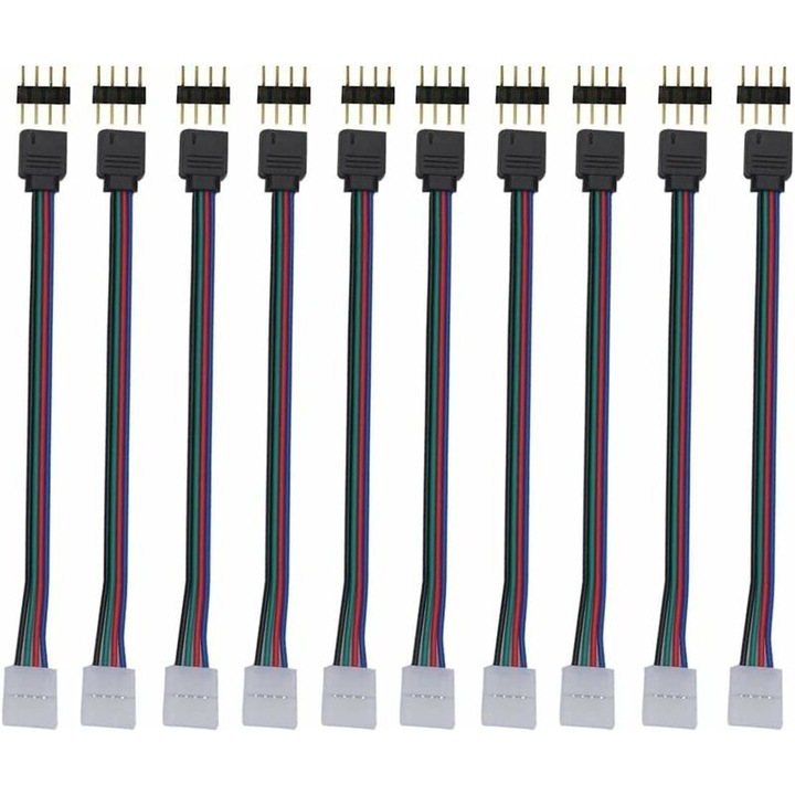 Set 10 conectori 4 pini 10mm pentru benzi LED RGB 3528 5050, cablu de conectare 16cm
