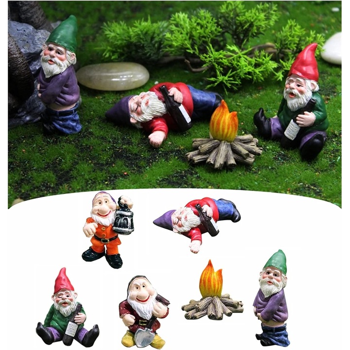 Set 6 Statui Gnomi pentru Gradina, Miniaturale, Rezistente la Vreme, 1.1x1.2x2.6inch - 2.9x2x1.2 inch