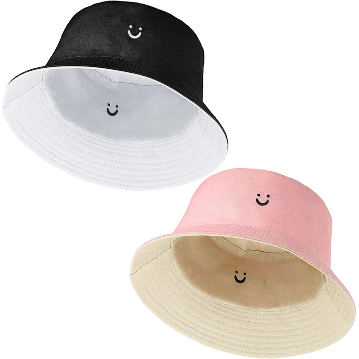 Caciula bucket reversibila cu broderie fata zambitoare, 58cm, pentru barbati si femei, multicolor