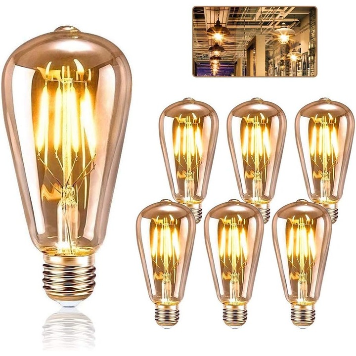 LED Vintage Izzó E27, 4W, 2200K, ST64 forma, 6 darabos készlet, meleg retro szín