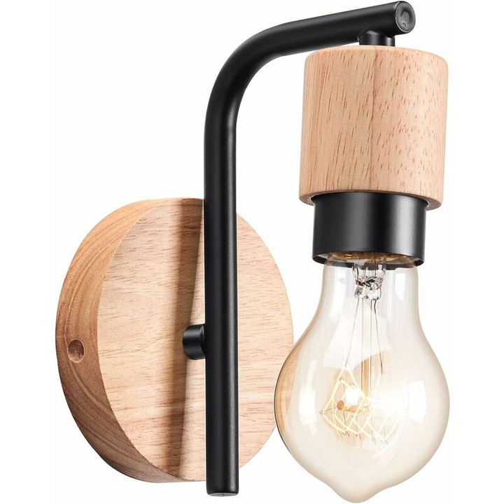 Aplica retro din metal si lemn, E27, 11.5x17.5cm, pentru interior, neagra