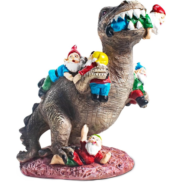 Statueta Gradina Gnom cu Dinozaur, Figurine din rasina, 10.5x8.5x15cm, decor exterior