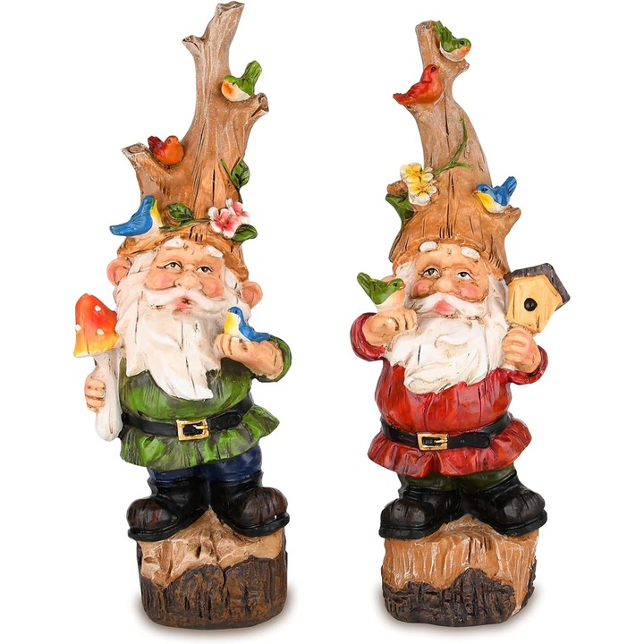 Set statui de gradina gnomi, 2 bucati, 5x23cm, rezin impermeabil, decor exterior/interior
