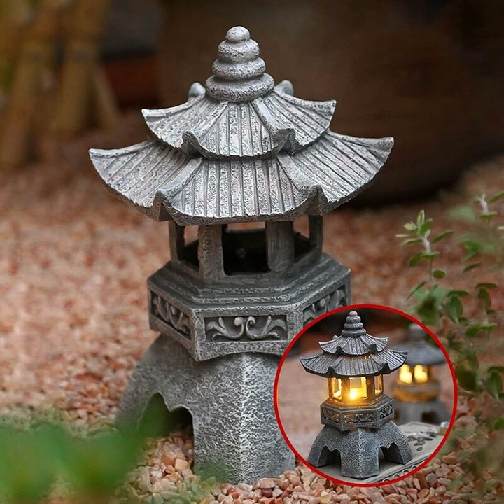 Lampa solara pagoda, decorare gradina, dimensiuni 26x14x14cm, culoare chihlimbar