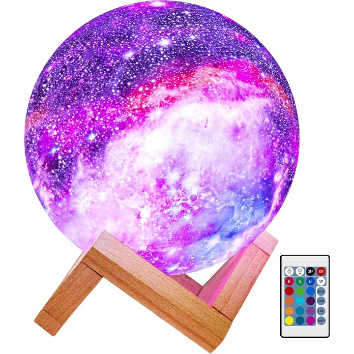 Lampa de veghe 3D, 5.9 inch, 16 culori, cu suport din lemn, control de la distanta si tactil