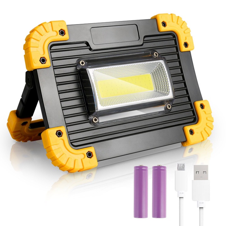 Lampa de lucru LED portabila 20W-30W, alb rece, set cu 2 baterii 18650, cablu USB