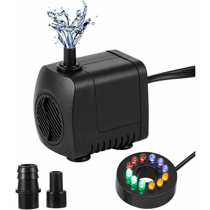 Pompa de apa submersibila cu LED-uri colorate, 12 lumini, 700L/h, 15W, pentru fantana, acvariu, hidroponie