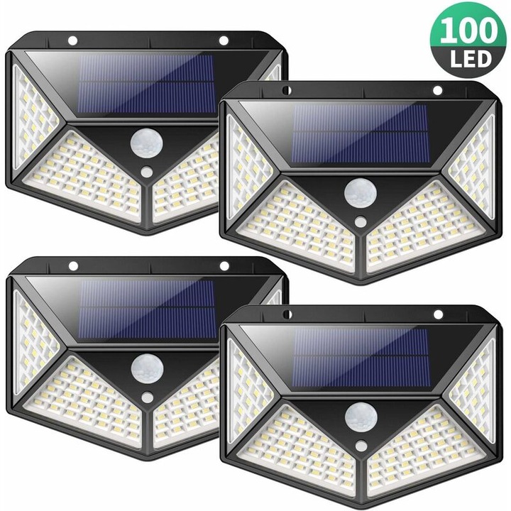 Комплект от 4 соларни лампи със 100 LED, 2200 mAh, водоустойчиви, 180 сензор за движение, 270 осветление