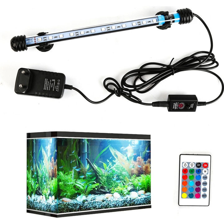 Потопяема LED лампа за аквариум, 41 см, RGB, с дистанционно управление, пълен комплект