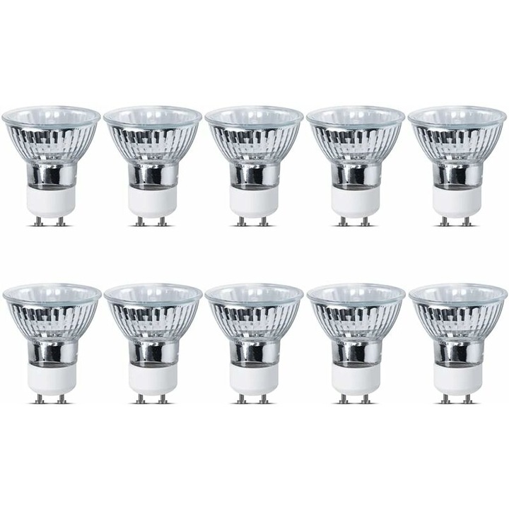 Becuri halogen GU10 35W, 220-240V, 360lm, alb cald 2700K, set de 10, diametru 5cm