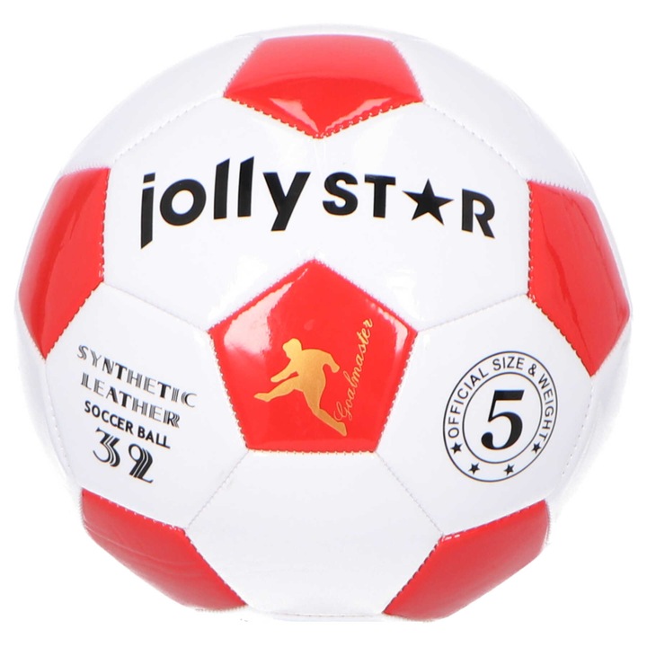 Futball labda, Jolly Star, 5-ös méret, Fehér/Piros, Műbőr