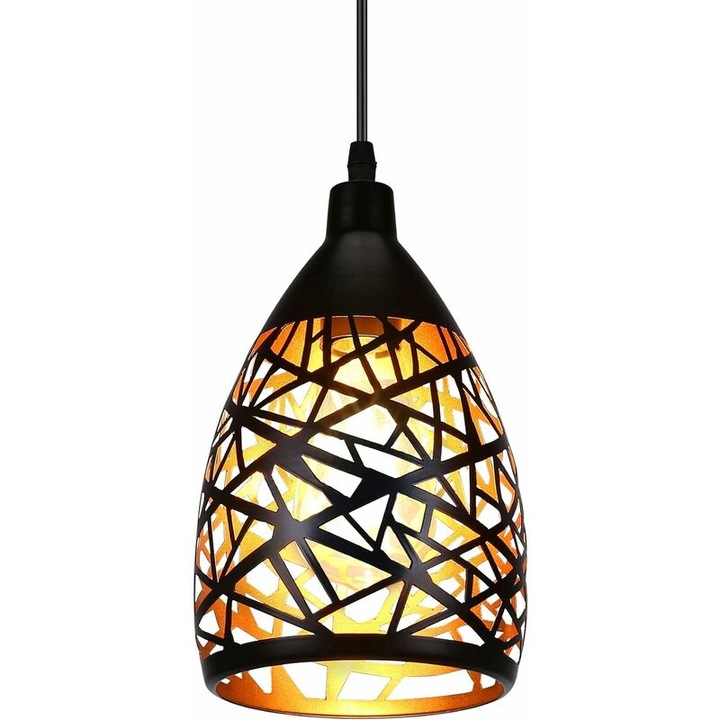 Lustra metalica retro, design perforat, neagra cu interior auriu, 15x24cm, lungime fir 150cm, E27, set