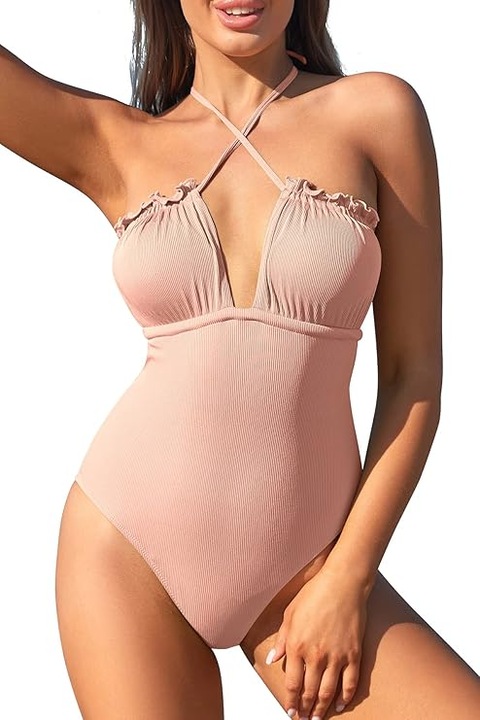 Costum de baie dama intreg, stil retro, decolteu V reglabil cu snur, halter sau bandeau, efect modelator, croiala high cut, material elastic premium, Roz pudrat, Marimea S