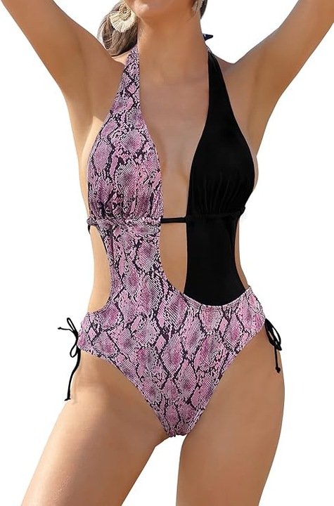 Costum de baie dama intreg, decolteu V adanc, prindere in spate si dupa gat, efect modelator, croiala high cut, material elastic premium, Imprimeu animal print Roz cu Negru, Marimea S
