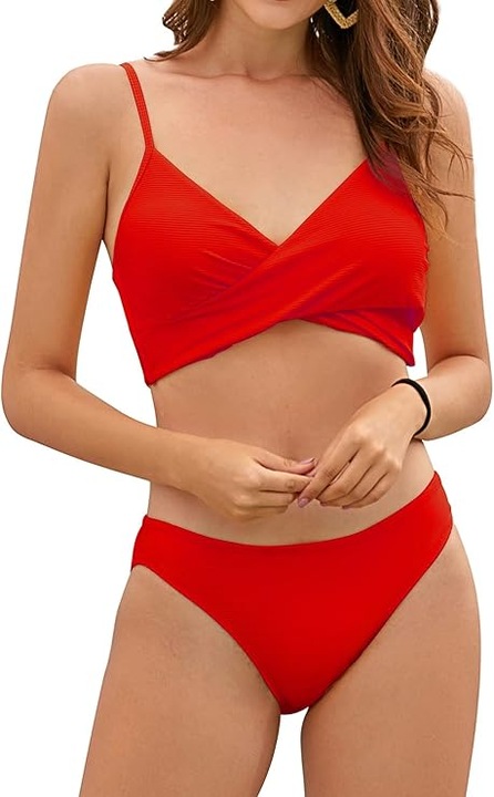 Costum de baie 2 piese design incrucisat, slip talie, Rosu