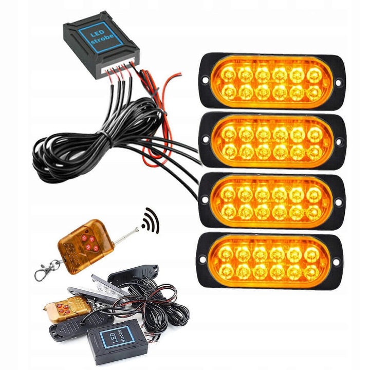 4 db LED stroboszkóp lámpa szett távirányítóval, 12 LED, IPX4, 12V-24V