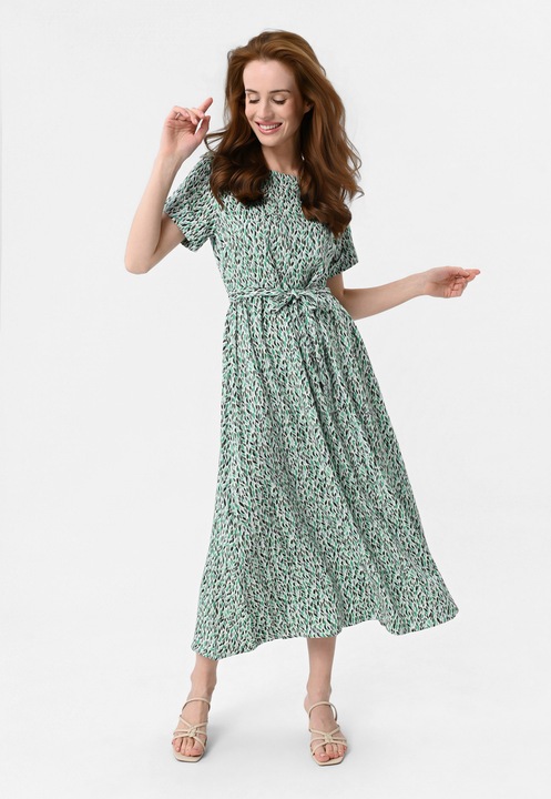Rochie maxi dama din viscoza cu maneci scurte, cu model floral, croiala dreapta, curea de talie, Volcano G-Maranta, verde, Verde