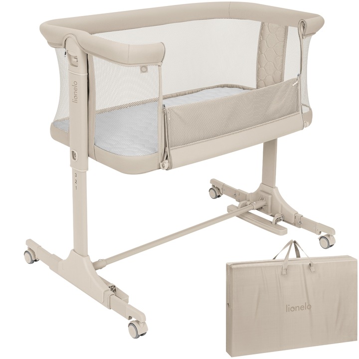 Patut co-sleeper, Lionelo, Pari, 3 in 1, Cu leganare si setare unghiulara, Include saltea cu densitate T25 si geanta transport, Reglabil in 5 pozitii, Pana la 9 kg, 0 luni+, 85x60x66 cm, Certificari EN 1130:2019+AC:2020, EN 16890:2, Bej