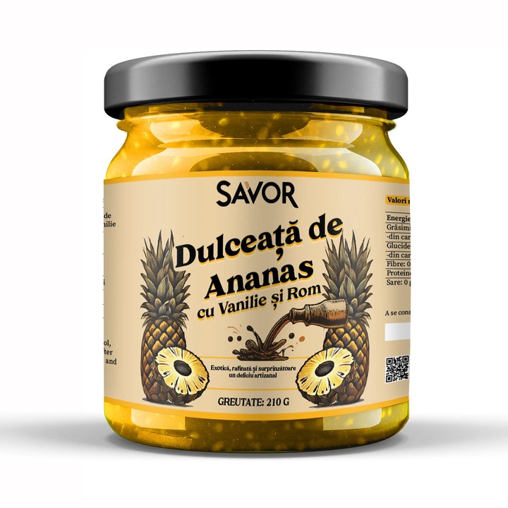Savor Dulceata de Ananas cu rom 210g, Ingrediente 100% naturale, Produs artizanal romanesc