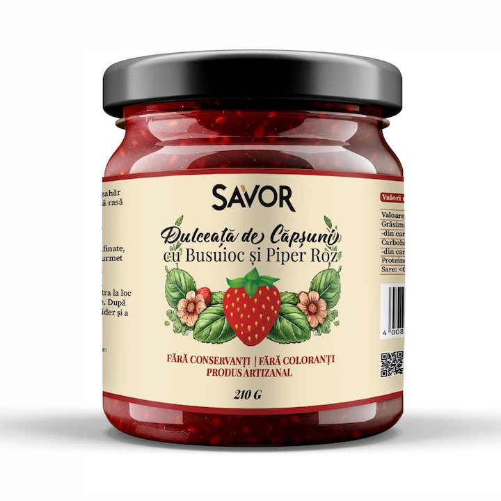 Savor Dulceata de Capsuni cu busuioc 210 grame, Ingrediente 100% naturale, Produs artizanal