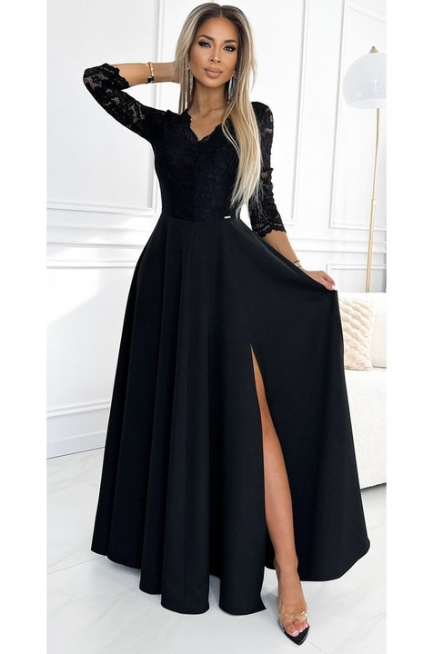 Rochie Numoco lunga eleganta neagra cu dantela, Negru