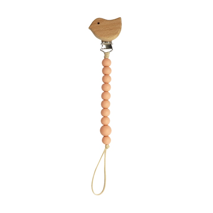 Lantisor Dodoli cu clip din silicon si lemn pentru suzeta, Blush Bird