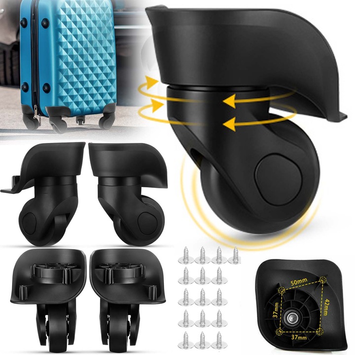 Set 4 roti de schimb pentru bagaje，rotire 360, Silentios，montaj simplu，Capacitate portanta puternica，rezistent la uzura si zgarieturi, potrivit pentru diverse genti, valize si trolere，Economisiti bani, Vine cu 16 suruburi, PP+PET, Diametru 50 mm，Negru