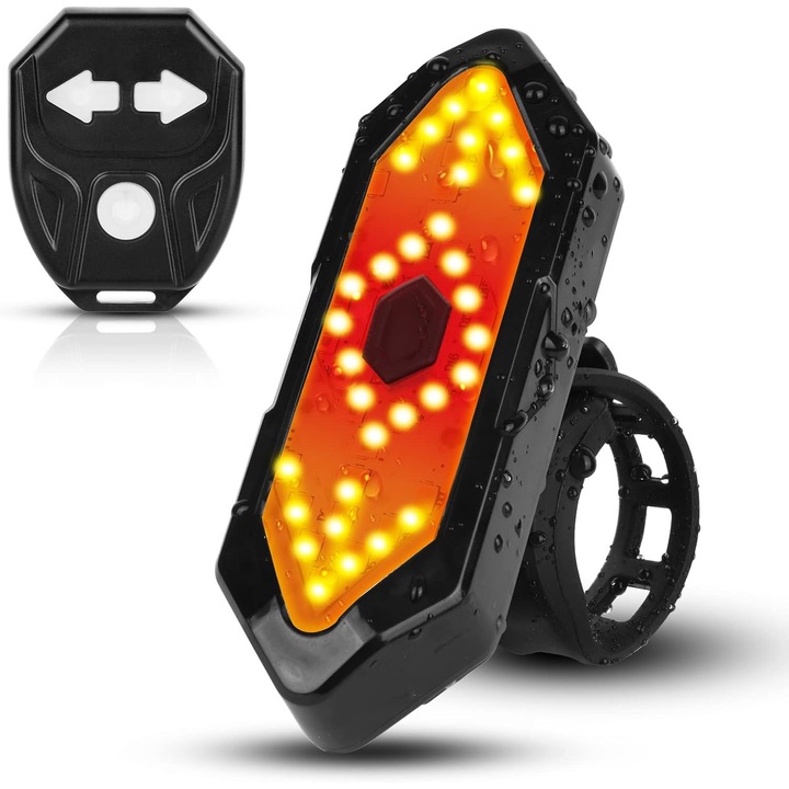 Lumina spate bicicleta, 5 moduri, telecomanda wireless, USB, rezistenta la apa, rosu-galben