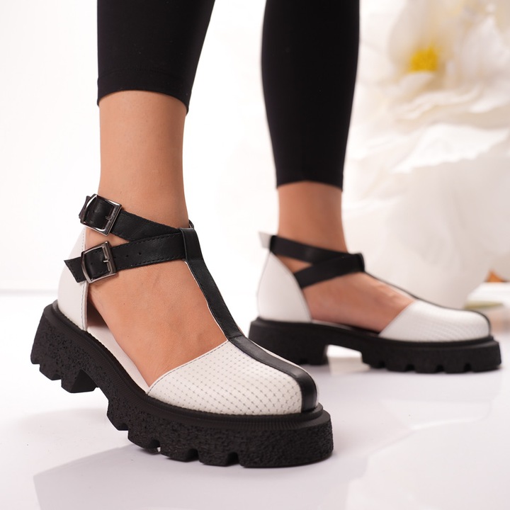 Pantofi Casual Black & White din Piele Naturala – Talpa 3 cm, Barete Reglabile, Made in Romania, Stil Modern & Confort Zilnic