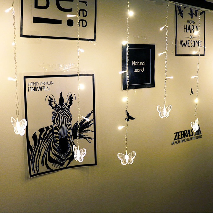 LED завесни лампички с пеперуди, 8 режима, USB захранване, топло бяло, комплект от 10 пеперуди