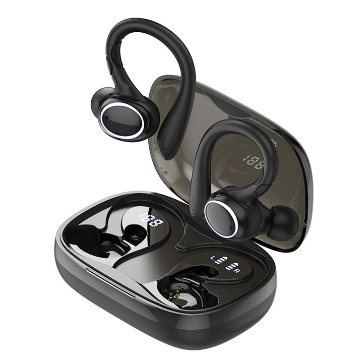 Casti wireless sport, KINSI, Bluetooth 5.3, Eliminare Zgomot, Control Tactil, in-ear, LED, Tip Incarcare Type-C, 400 mAh, universale, negru