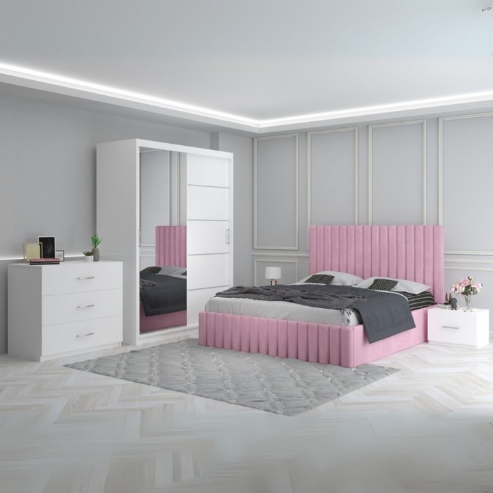 Set dormitor Luca, CELA, pat 140x200, comoda 3 sertare, roz