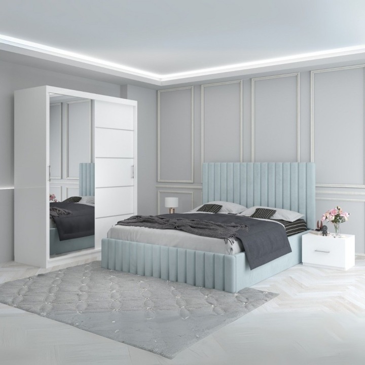 Set dormitor CELA Luca Lemon, pat tapitat 180x200cm, dulap 150x208cm, noptieră, verde lemon