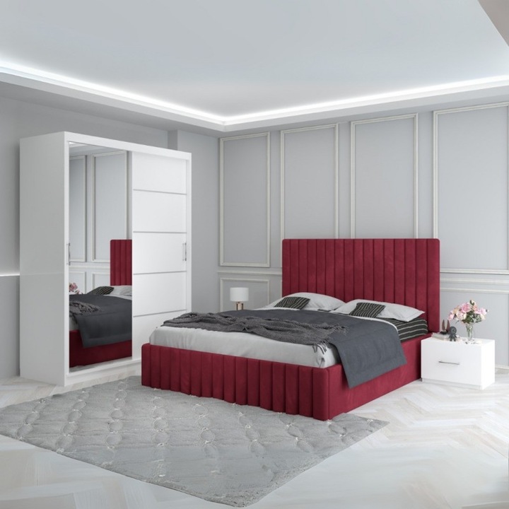 Set dormitor CELA, model Luca, pat visiniu 160x200, dulap 150x208, noptieră 48x32x35cm