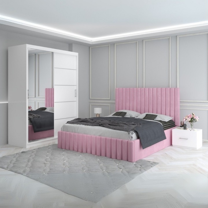 Set dormitor Luca, CELA, pat tapitat, roz, 180x200cm