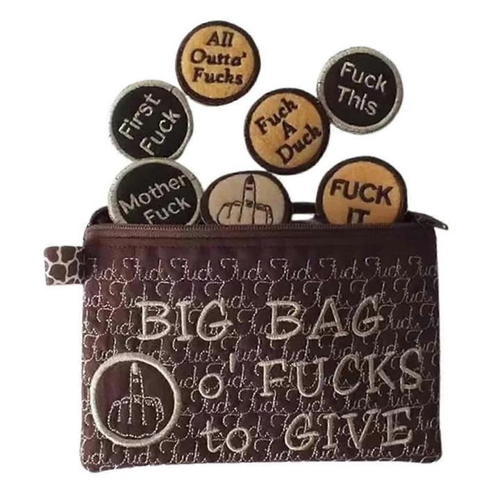 Geanta cu mesaje haioase, cu fermoar, bumbac, 17 monede din fetru, 16x10x1cm, culoare maro