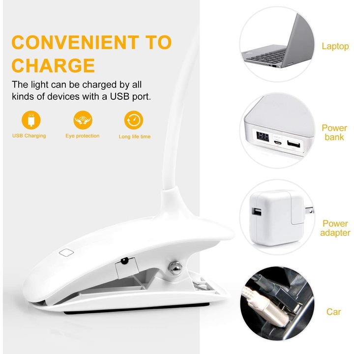Lampa de citit LED, 3 niveluri de luminozitate, alb, cu clip si cablu USB, acumulator reincarcabil