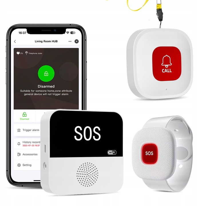 Intelligens Riasztórendszer APP-pal Időseknek, HUB + 1 Gomb + 1 Karkötő, IP65, előfizetés nélkül, PILSAMAS