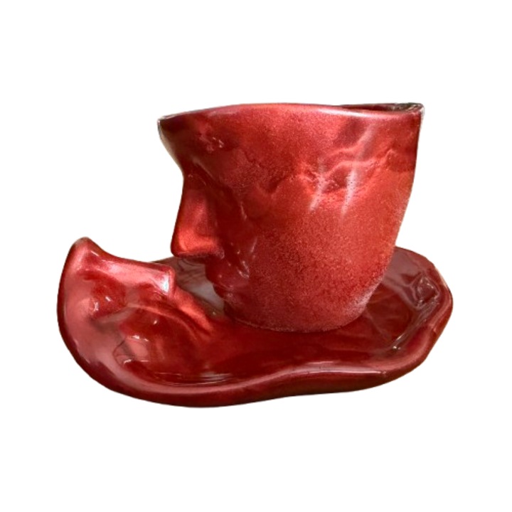 Ceasca pentru cafea/ espresso lucrata manual COSFEE Model deosebit- fata -Visiniu/ burgundy 150ml cu farfurioara inclusa