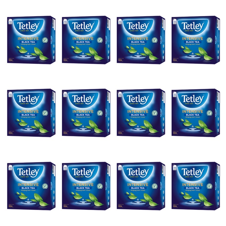 Ceai instant, Tetley, Intensive Black, 100 pliculete, 200 g, negru, efect neutru, India, timp de infuzare 3-4 min, fara alergeni, pachet colectiv de 12 bucati, material: ceai negru, fara aditivi, fara conservanti, a se pastra intr-un loc racoros si