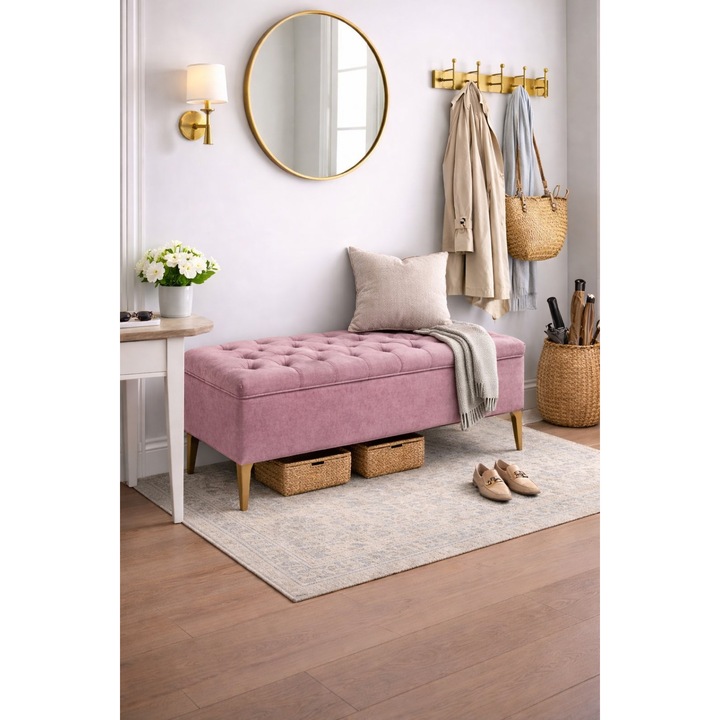 Lada tapitată, roz prafuit, 140x50cm, design Chesterfield, picioare metalice