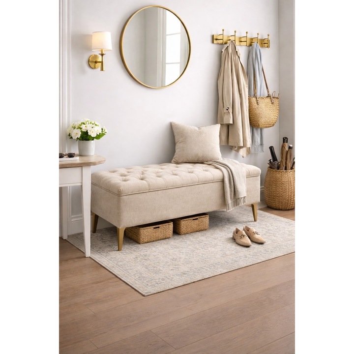 Lada tapițată, 140x50cm, crem latte, picioare metalice