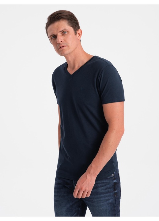 OMBRE Tricou barbati casual cu decolteu in V bumbac elastic, Bleumarin