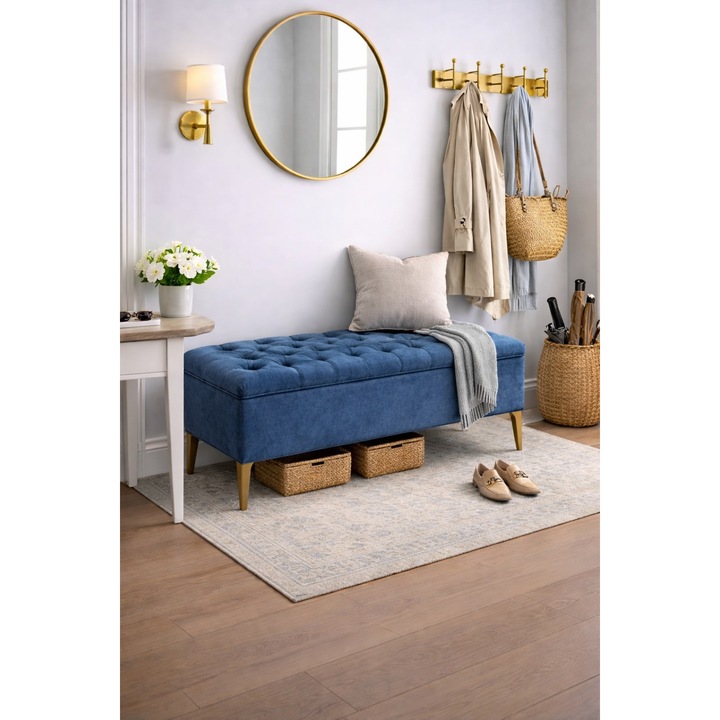 Lada tapițată, 140 cm, gri albastrui, velur, 50 cm